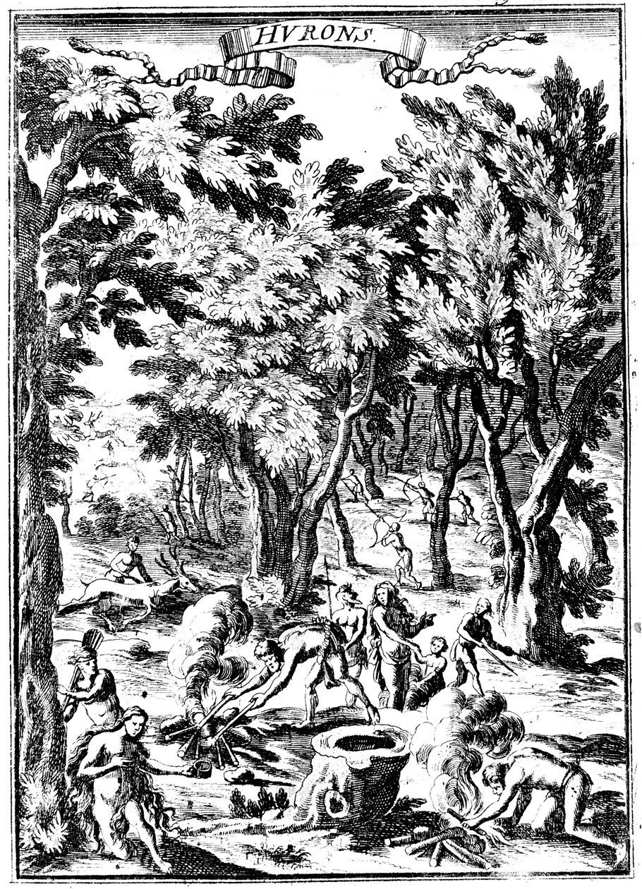 北美休伦印第安人在林地狩猎和准备食物，1686年 作者 不明