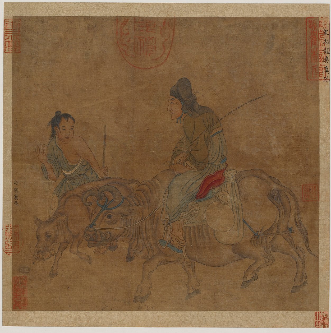 骑牛的老妇人和牧童及小牛，可能是明代，1368-1644。 作者 不明
