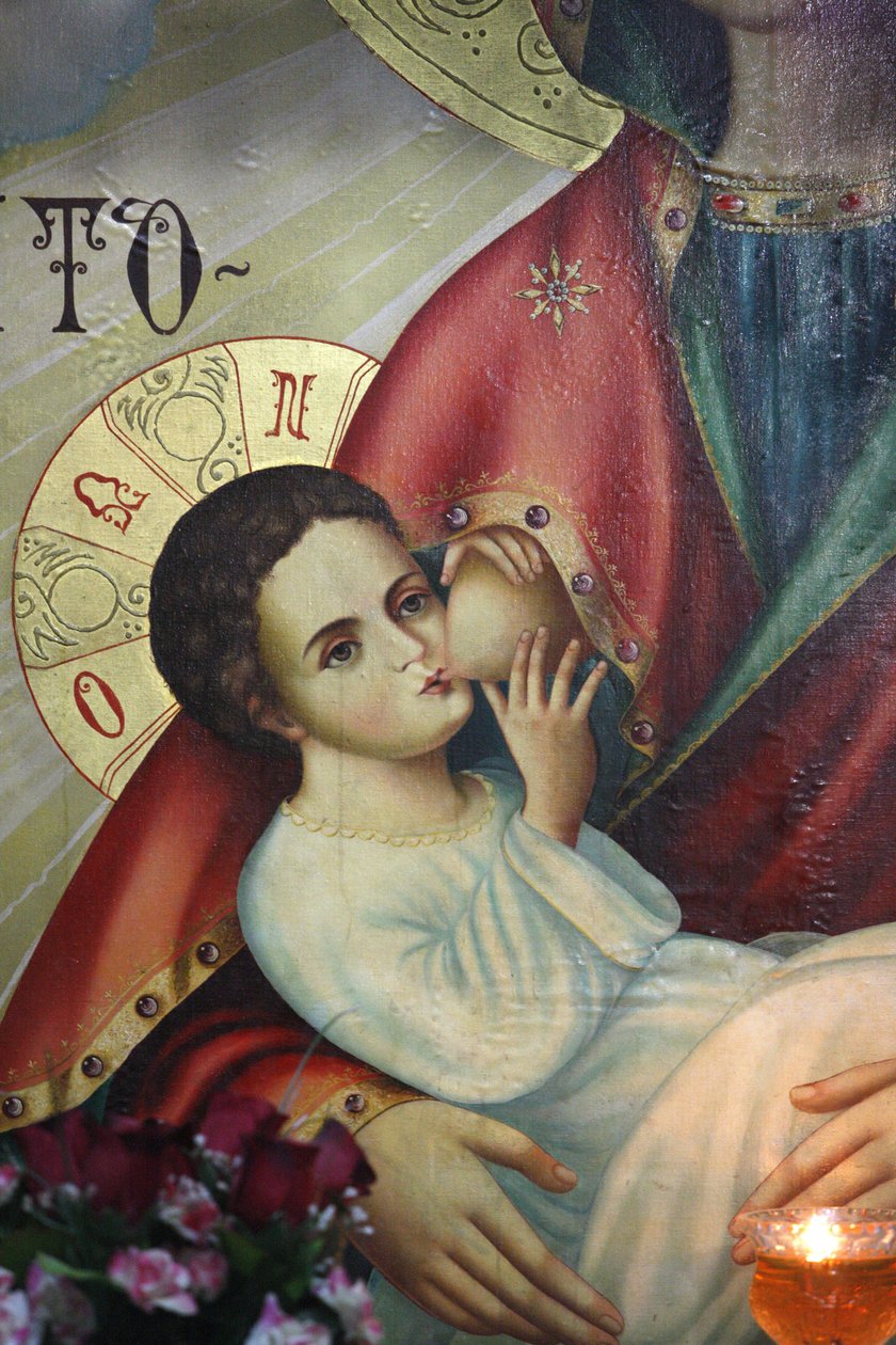 Orthodox icon in Saint Gerassimos monastery church: Jesus breast-fed by his mother, , Israel 作者 不明