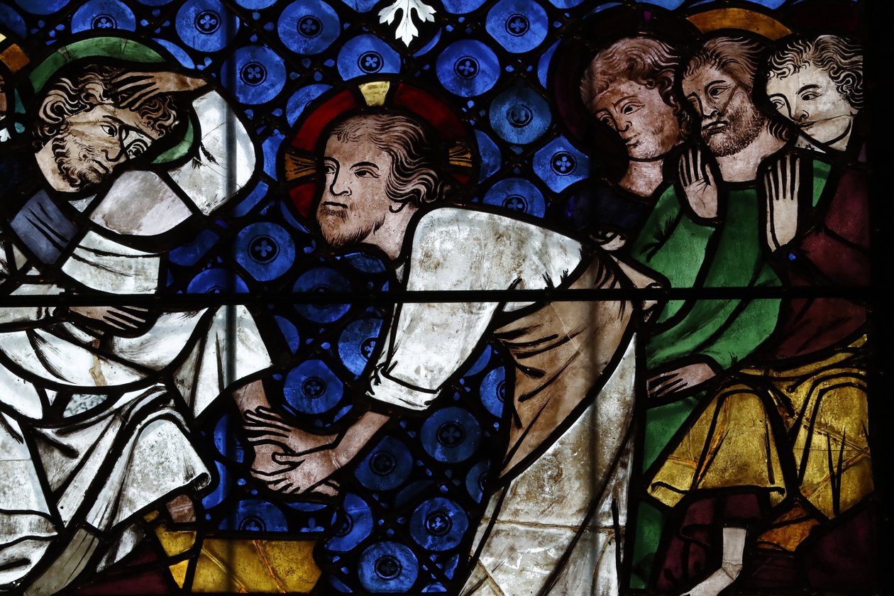 Our Lady of Strasbourg Cathedral. Stained glass window. Christ Washing the Feet of the Apostles. 14 th century. Strasbourg. France. 作者 不明