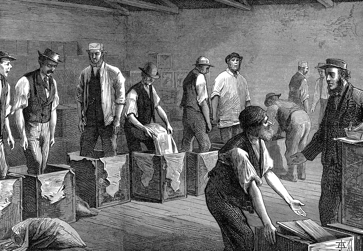 1874年在伦敦东印度与西印度码头公司的仓库中包装茶叶 作者 不明