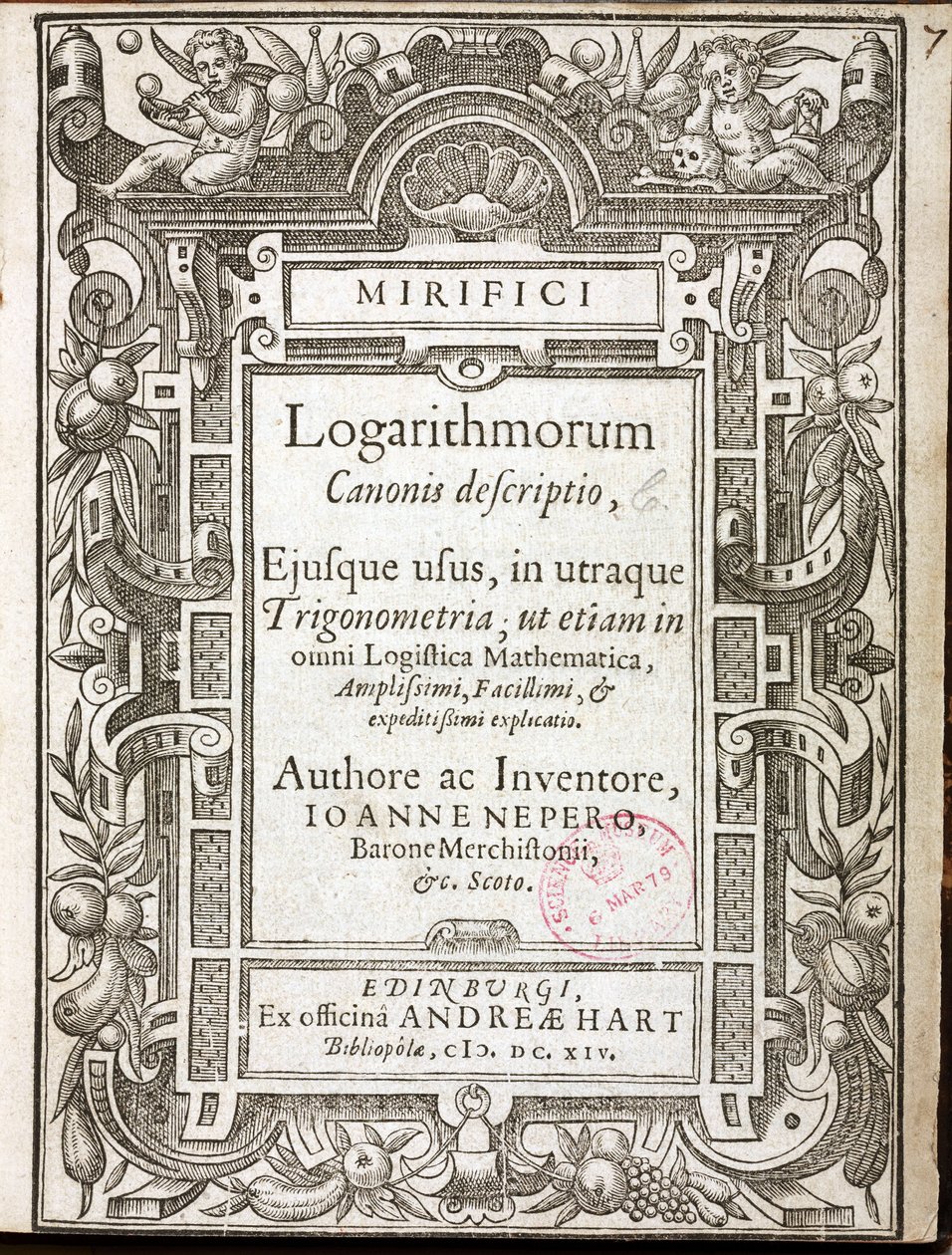 莫奇斯顿男爵约翰-纳皮尔（1550-1617）的《奇妙的对数法则》（The marvellous canonis descriptio）扉页，1614年在爱丁堡（苏格兰）出版 作者 不明