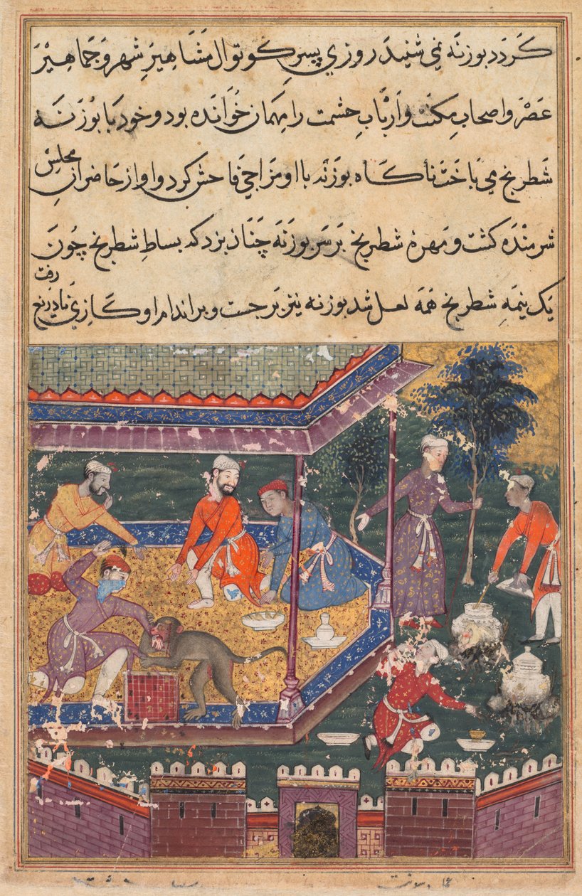 鹦鹉Tuti-nama的故事中的页面：第五夜：受伤的猴子咬了手，c1560。 作者 不明