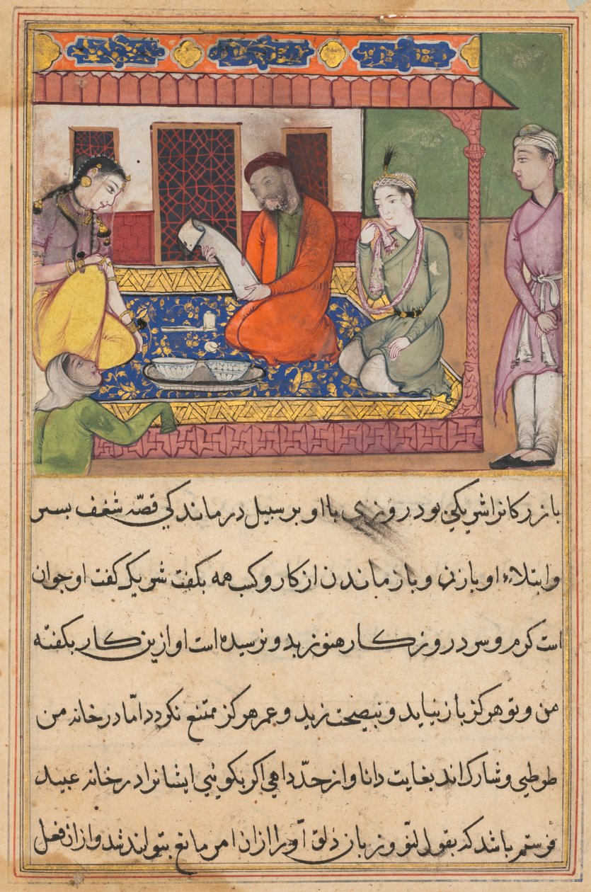 鹦鹉图蒂娜玛的故事中的页面：四十二夜：乌拜德的婚姻...，c。 1560。 作者 不明