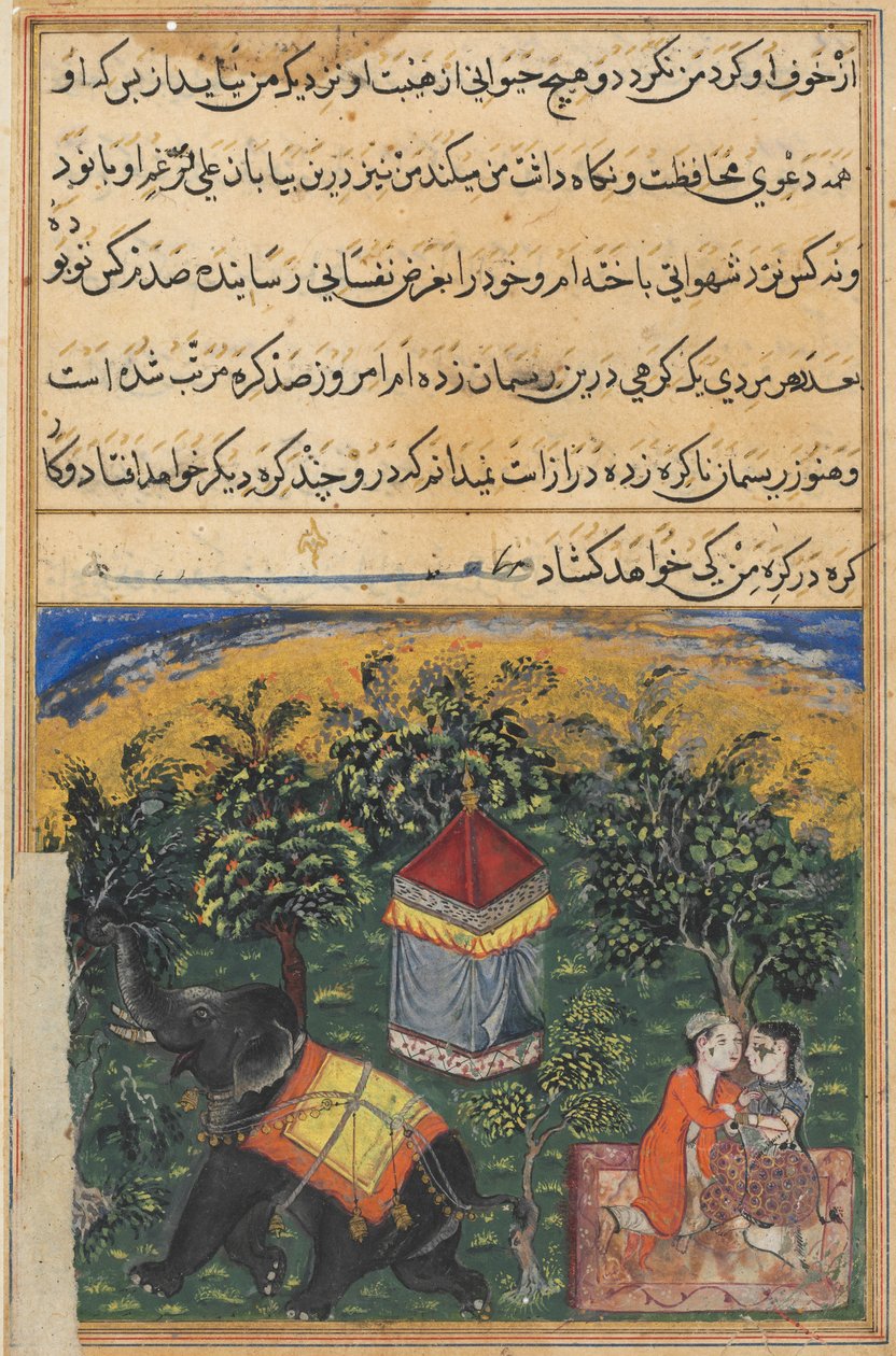 鹦鹉图蒂-娜玛的故事中的页面：第四夜：工夫妻子欺骗...，c。 1560。 作者 不明