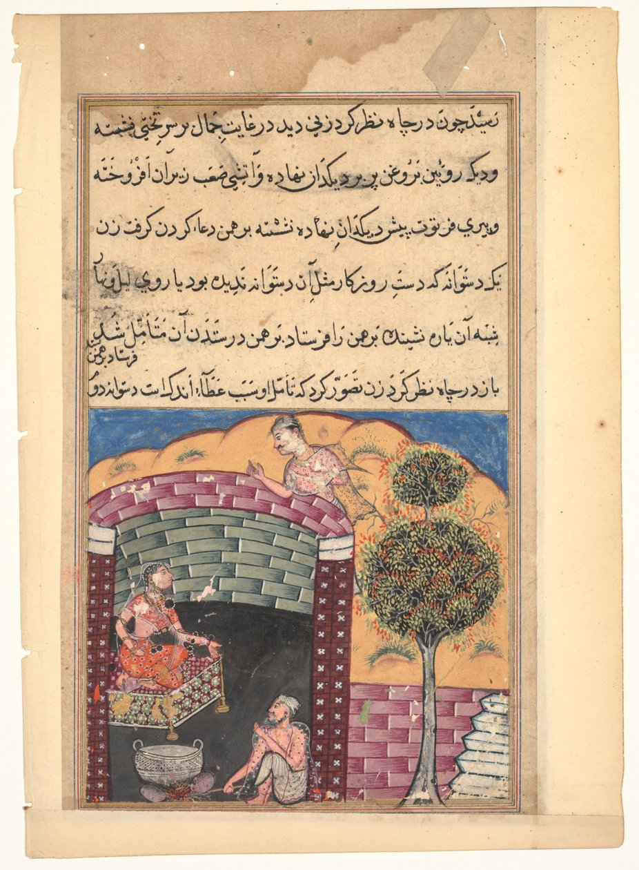 鹦鹉Tuti-nama的故事中的页面：第七夜：婆罗门赌徒看见...，c。 1560。 作者 不明