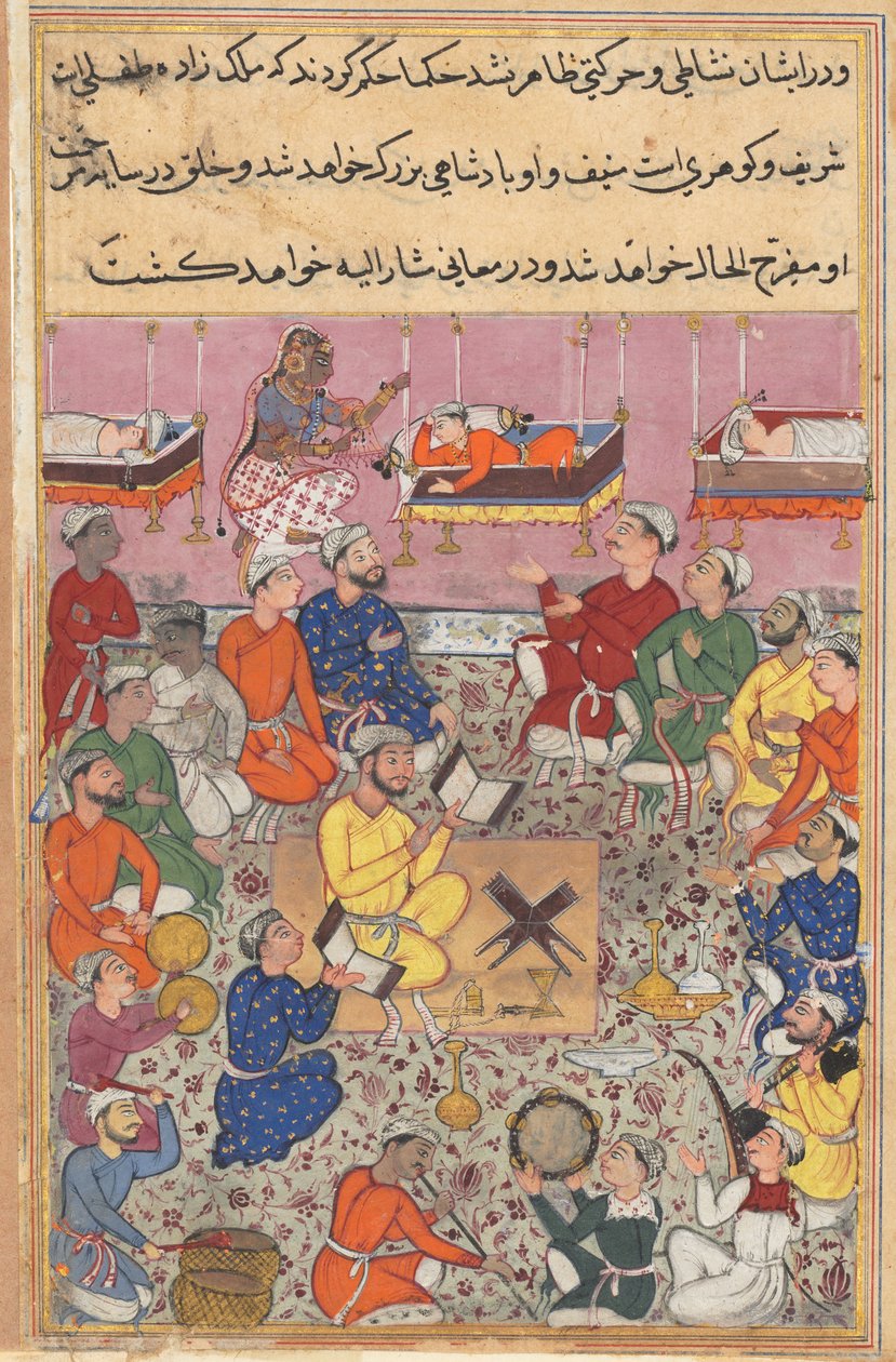 鹦鹉图蒂娜玛的故事页：第十三夜：国王的幼子...，c。 1560。 作者 不明