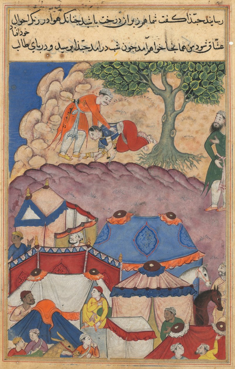 鹦鹉Tuti-nama的故事中的页面：第二十四个晚上：Habbaza遇见Bashir，c。 1560。 作者 不明