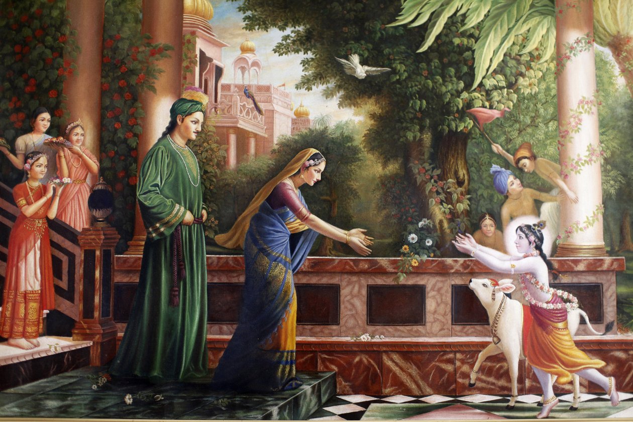 Painting at Bhaktivedanta Manor depicting young Krishna running to Mother Yasoda and Nanda Maharaj (his foster parents) Watford Grande-Bretagne 作者 不明
