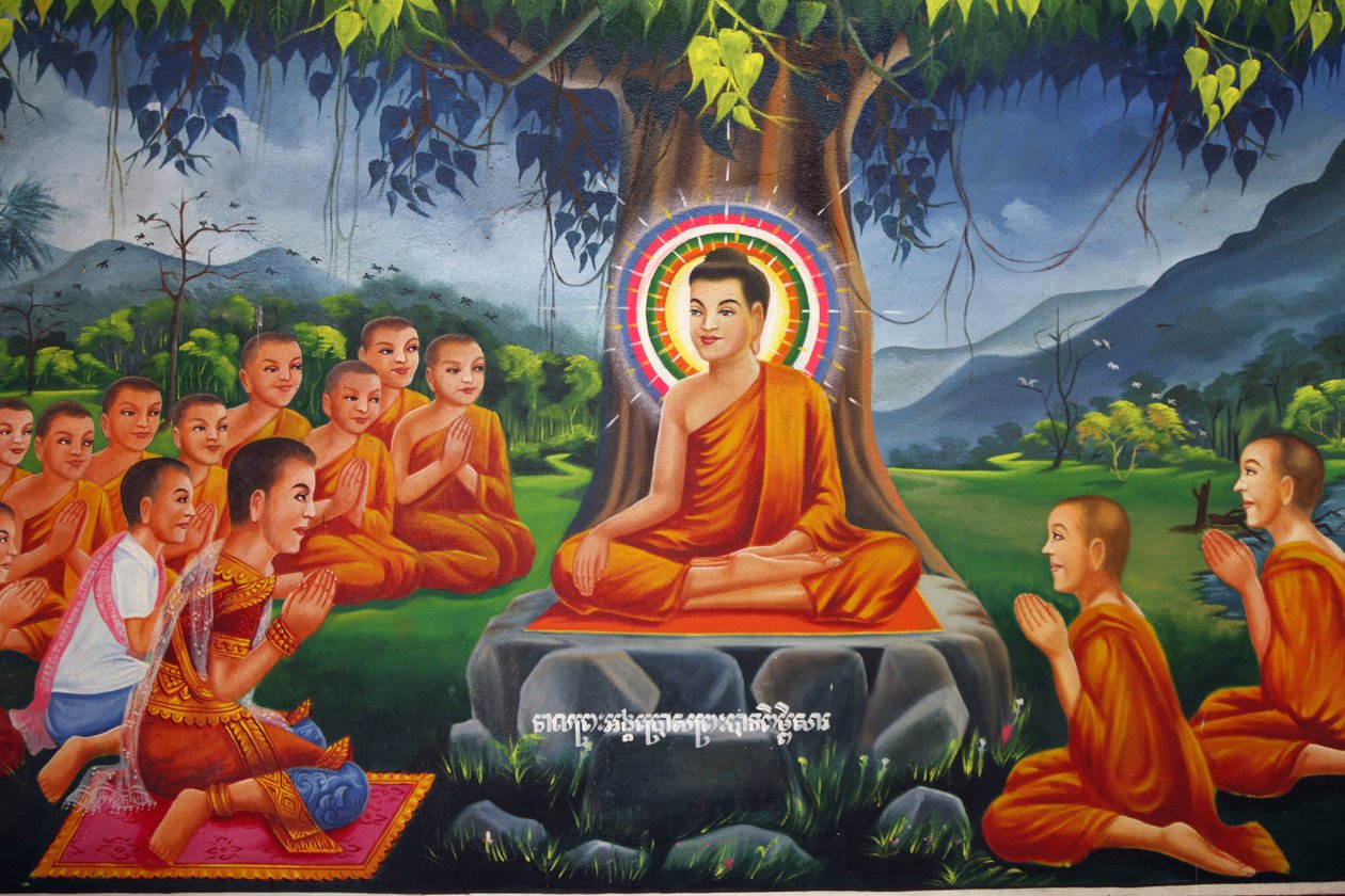 描绘佛陀在树下授课的绘画，与拉贾加哈乌东柬埔寨的宾比萨拉国王一起。 作者 不明