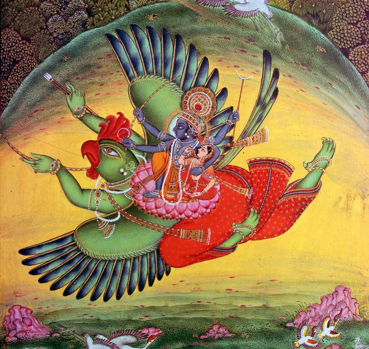 毗湿奴和他的妃子拉克什米骑在鸟神迦楼罗身上的画。 作者 不明