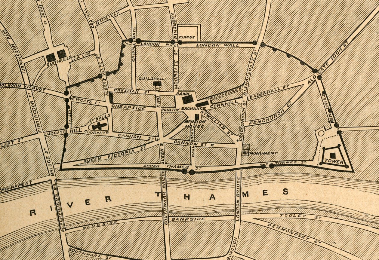 现代伦敦的一部分，显示古城墙，1897年。 作者 不明