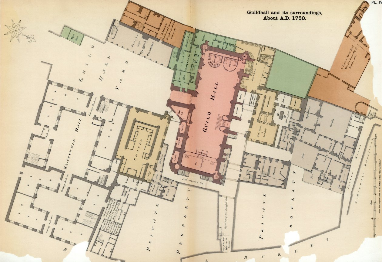 市政厅及其周围地区的规划，伦敦金融城，c1750年1886年 作者 不明