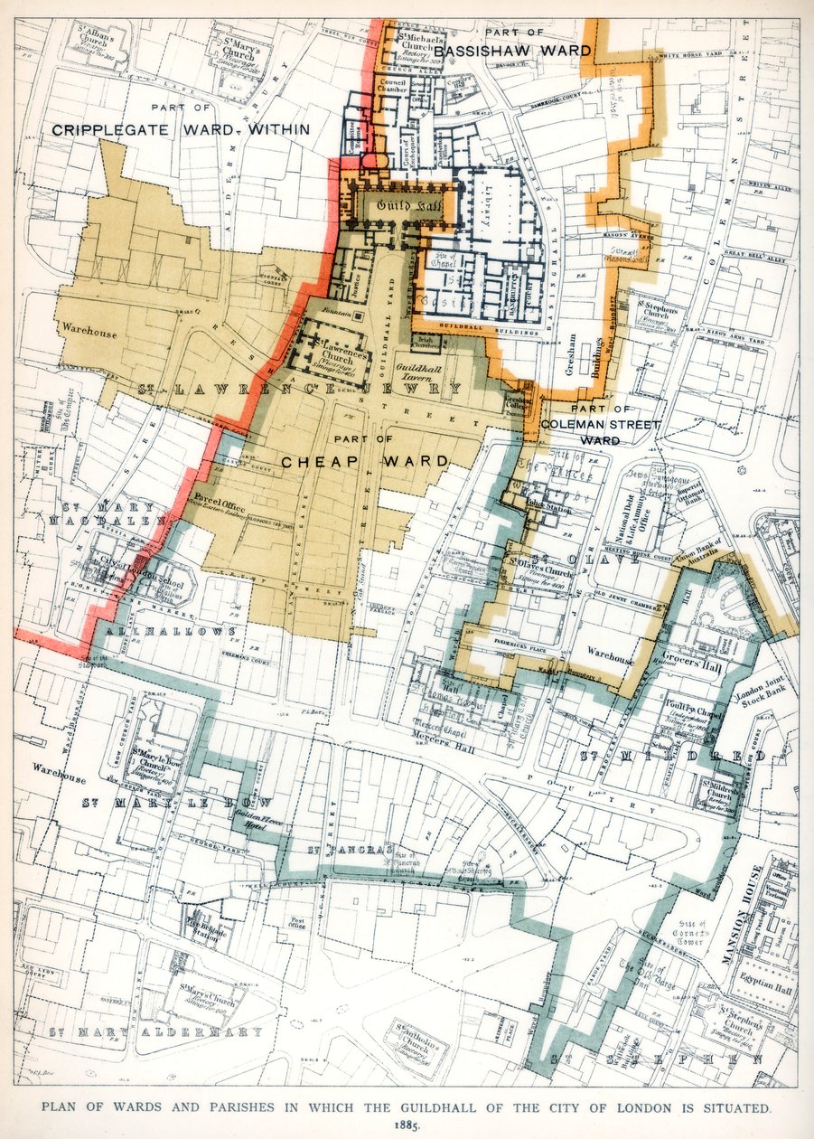伦敦市市政厅所在的病房和教区平面图，1886年 作者 不明