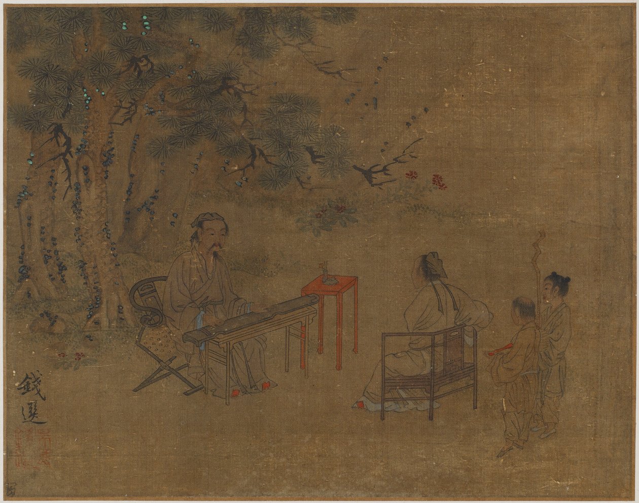 松树下弹琴，可能是明朝，1368-1644年。 作者 不明