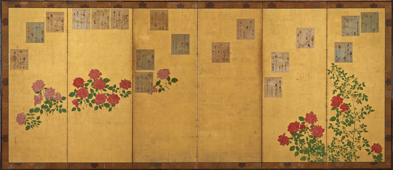 诗纸和玫瑰花，江户时期，1615-1868。 作者 不明