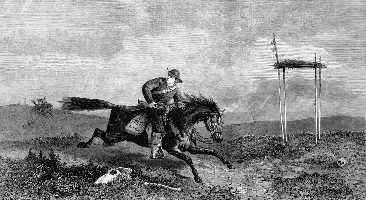 1861年，美洲印第安人追赶越过敌对国家的小马快车 作者 不明