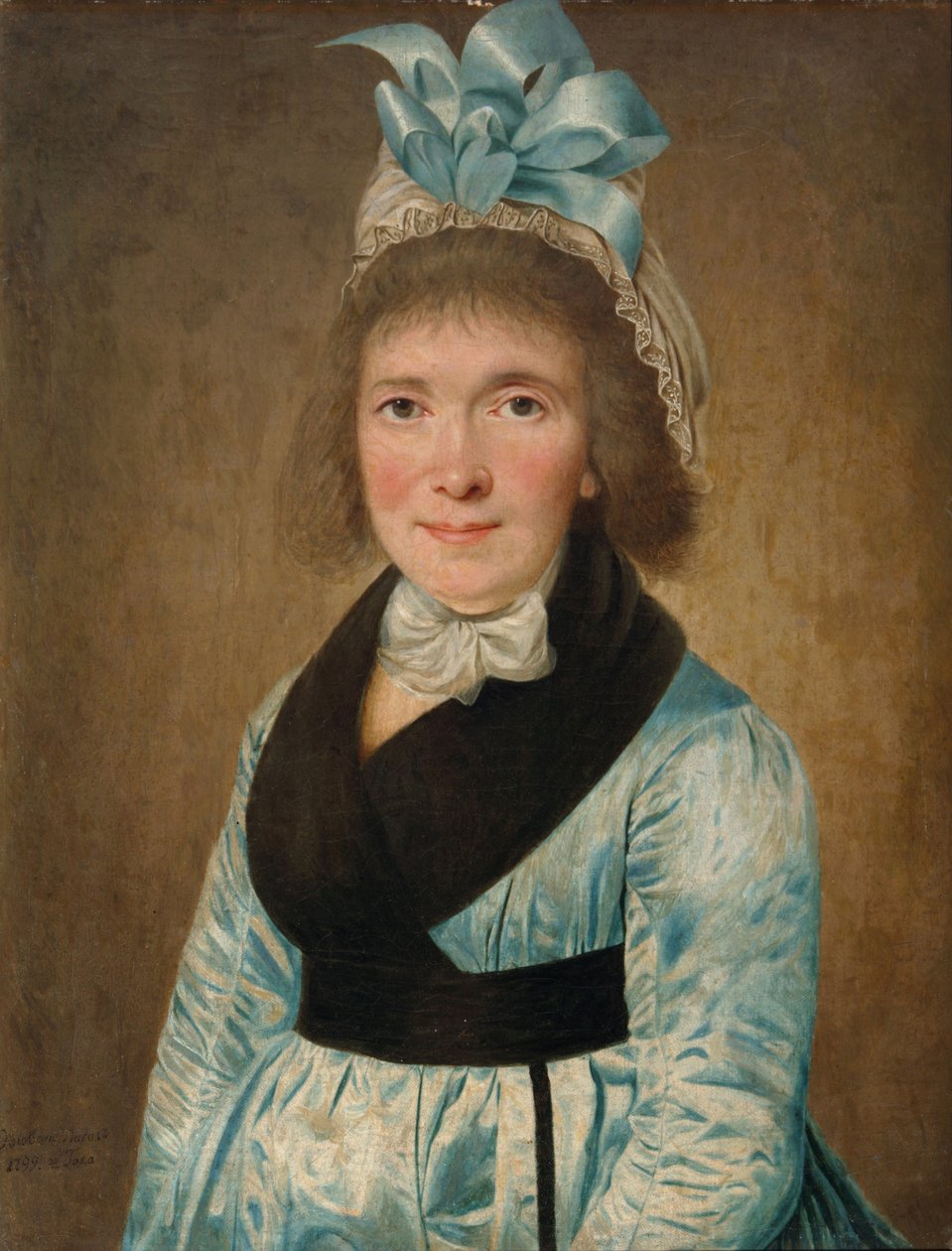 穿蓝色连衣裙的女人的画像，1799年 作者 不明