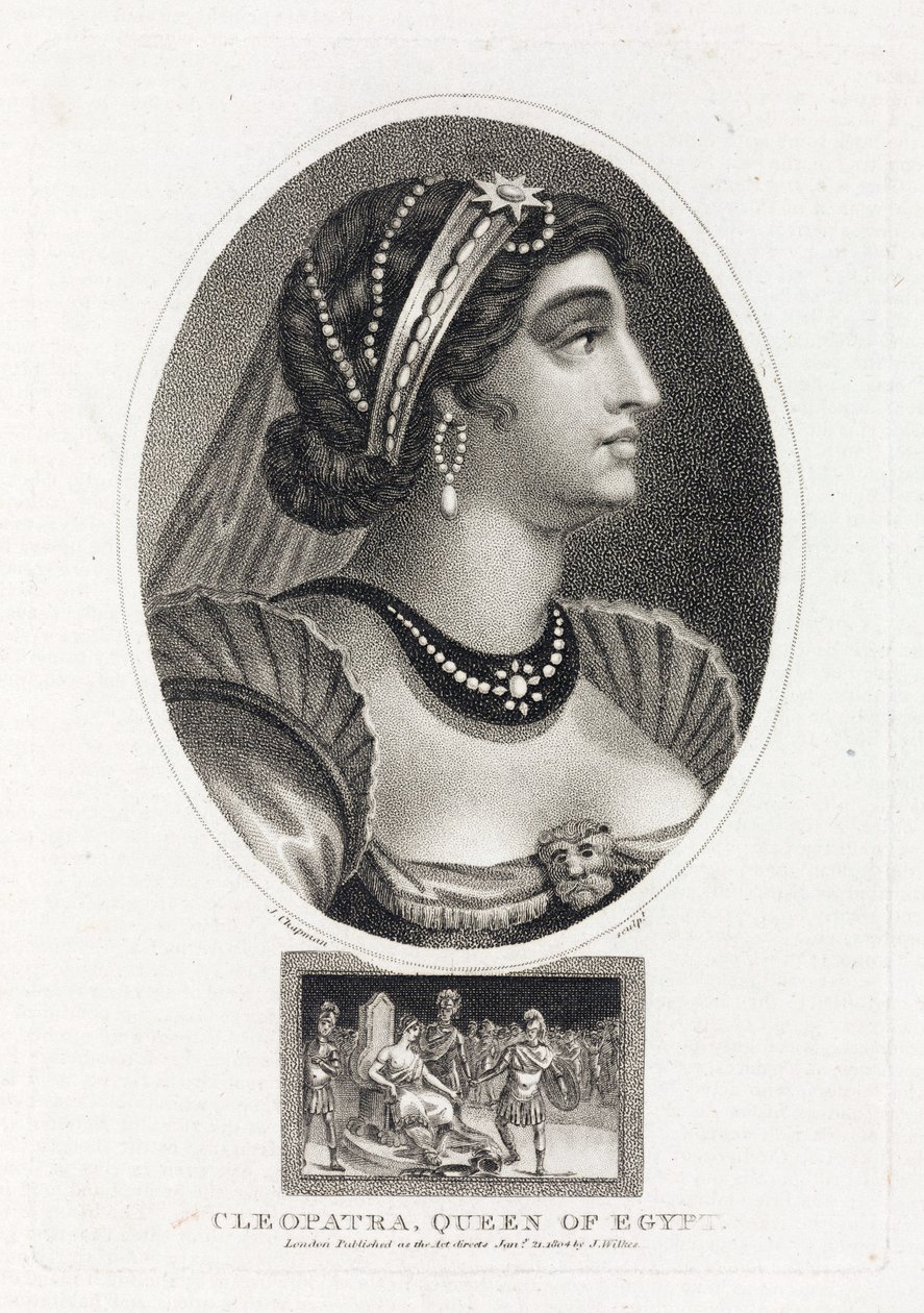 Portrait de Cleopatre (Thea Philopator, 69-30 avant JC), avec une scene decrivant son accession sur le trone d