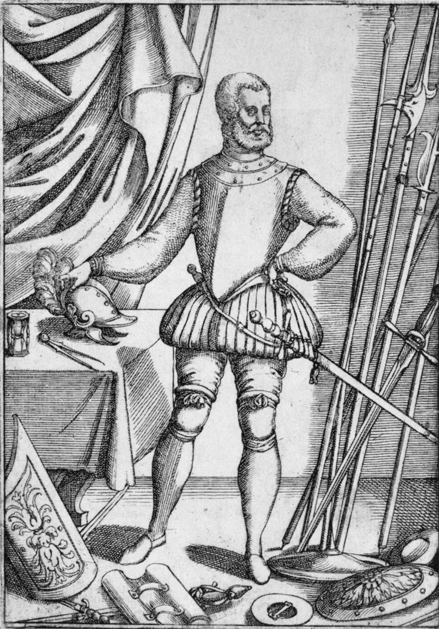 贾科莫·迪·格拉西（Giacomo Di Grassi）的肖像，展示了他教给学生的武器用法，1575年，1936年 作者 不明