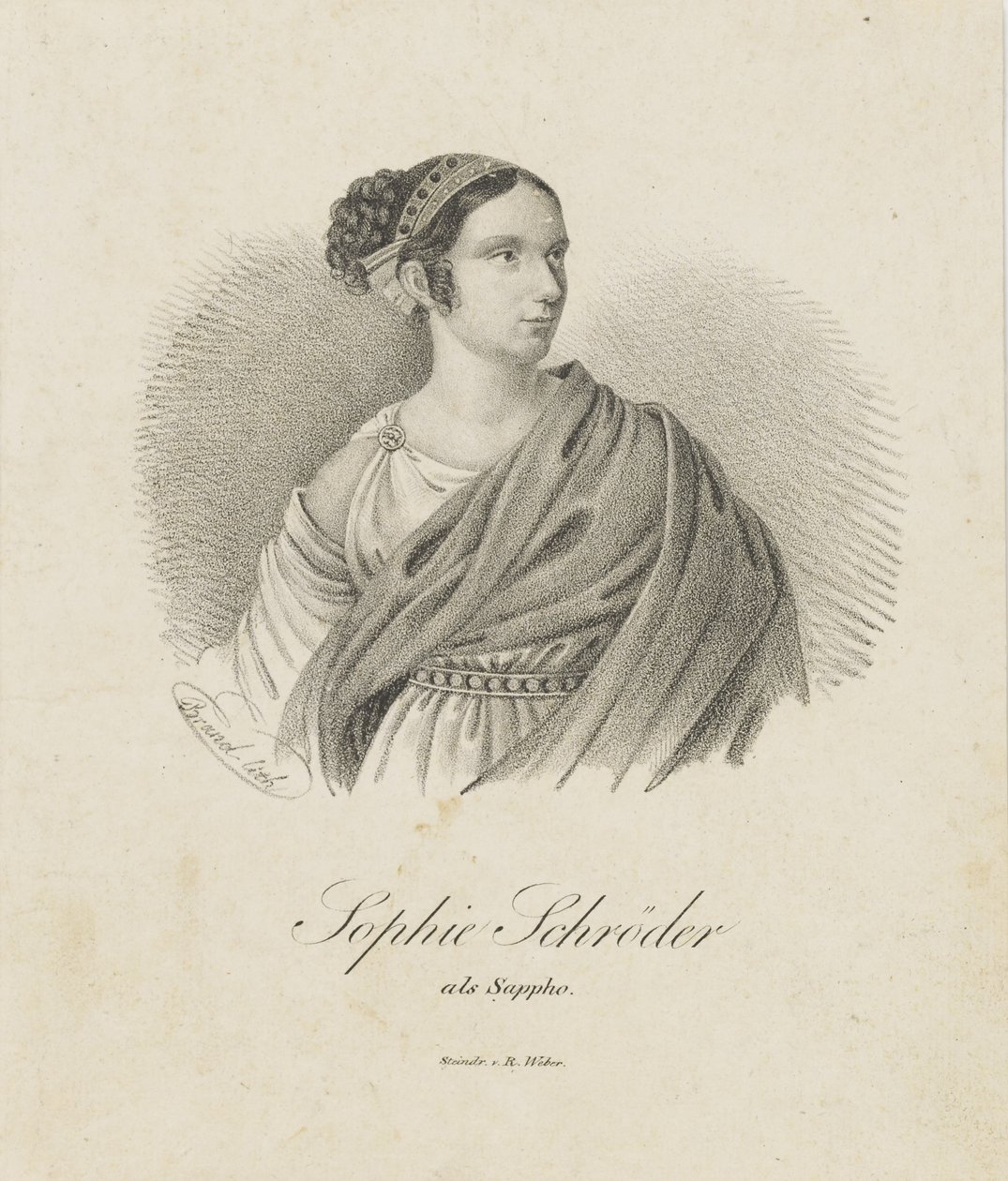 歌手兼女演员索菲·施罗德（SophieSchröder）1781-1868的肖像，萨福（Sappho），1833年。 作者 不明