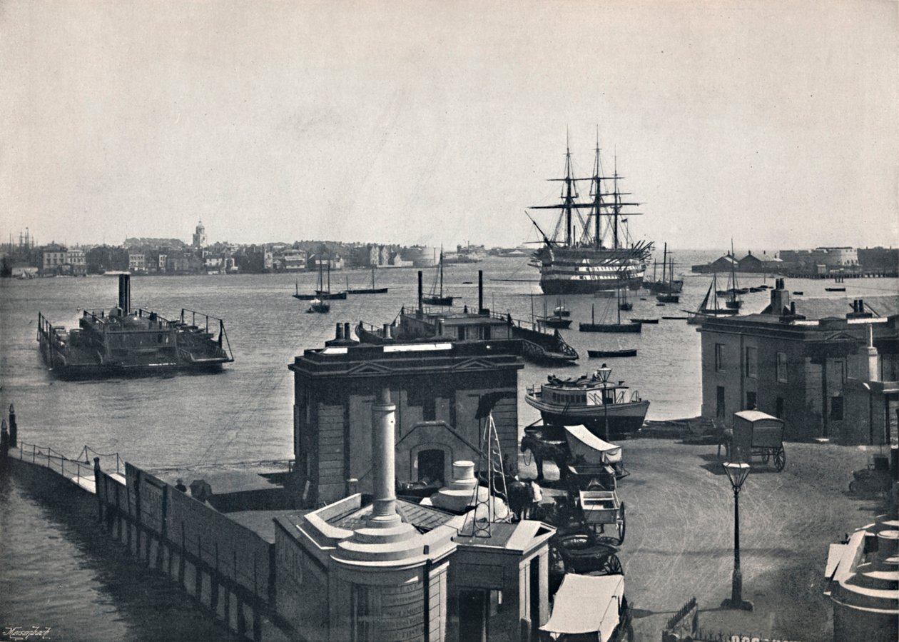 朴次茅斯-海港全景，展示纳尔逊战列舰，胜利。，1895年 作者 不明