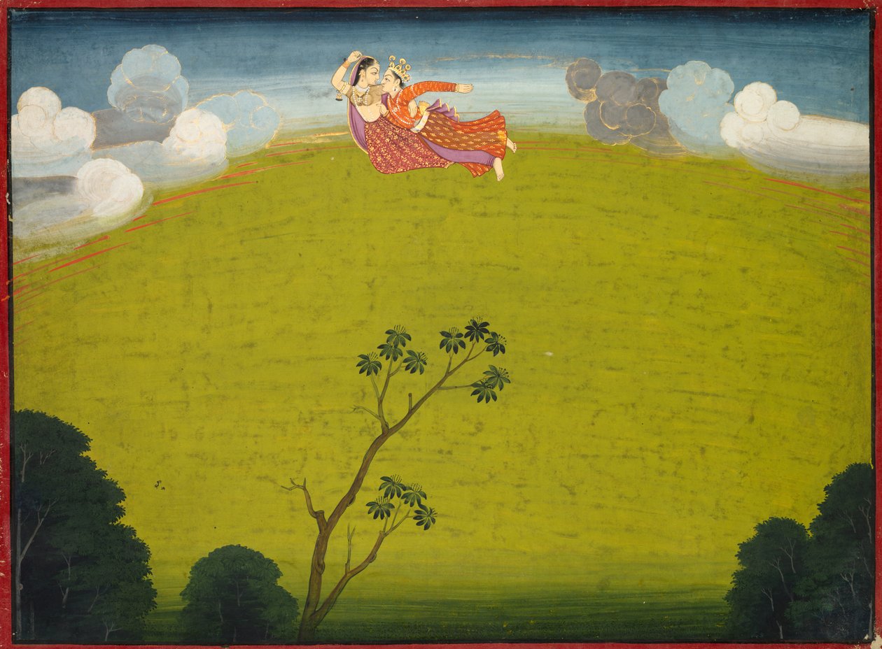 Pradyumna和Mayavati从大型Basohli Bhagavata Purana飞到Dvaraka，c。 1760-1765。 作者 不明