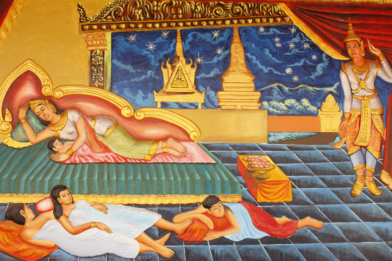 Preah Prom Rath Monastery 佛陀的生活一时间王子回到了宫廷生活，但他并不乐在其中，甚至他的妻子耶输陀罗生了一个儿子的消息也让他不高兴，这个孩子名叫罗睺罗，柬埔寨暹粒 作者 不明