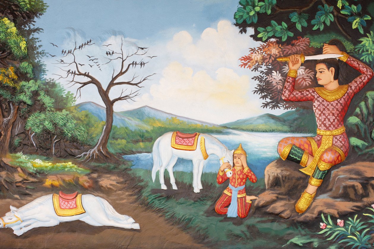 Preah Prom Rath MonasteryLife of the BuddhaThe Great Tonsure: the Buddha cuts his hair with his swordThen he changed his prince