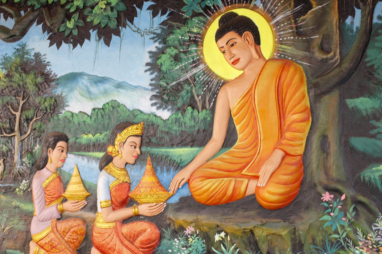 Preah Prom Rath MonasteryLife of the BuddhaThe RenunciationOne morning, a girl named Sujata offered Siddhartha some delicious milk-rice porridge, Siem Reap, Cambodia 作者 不明