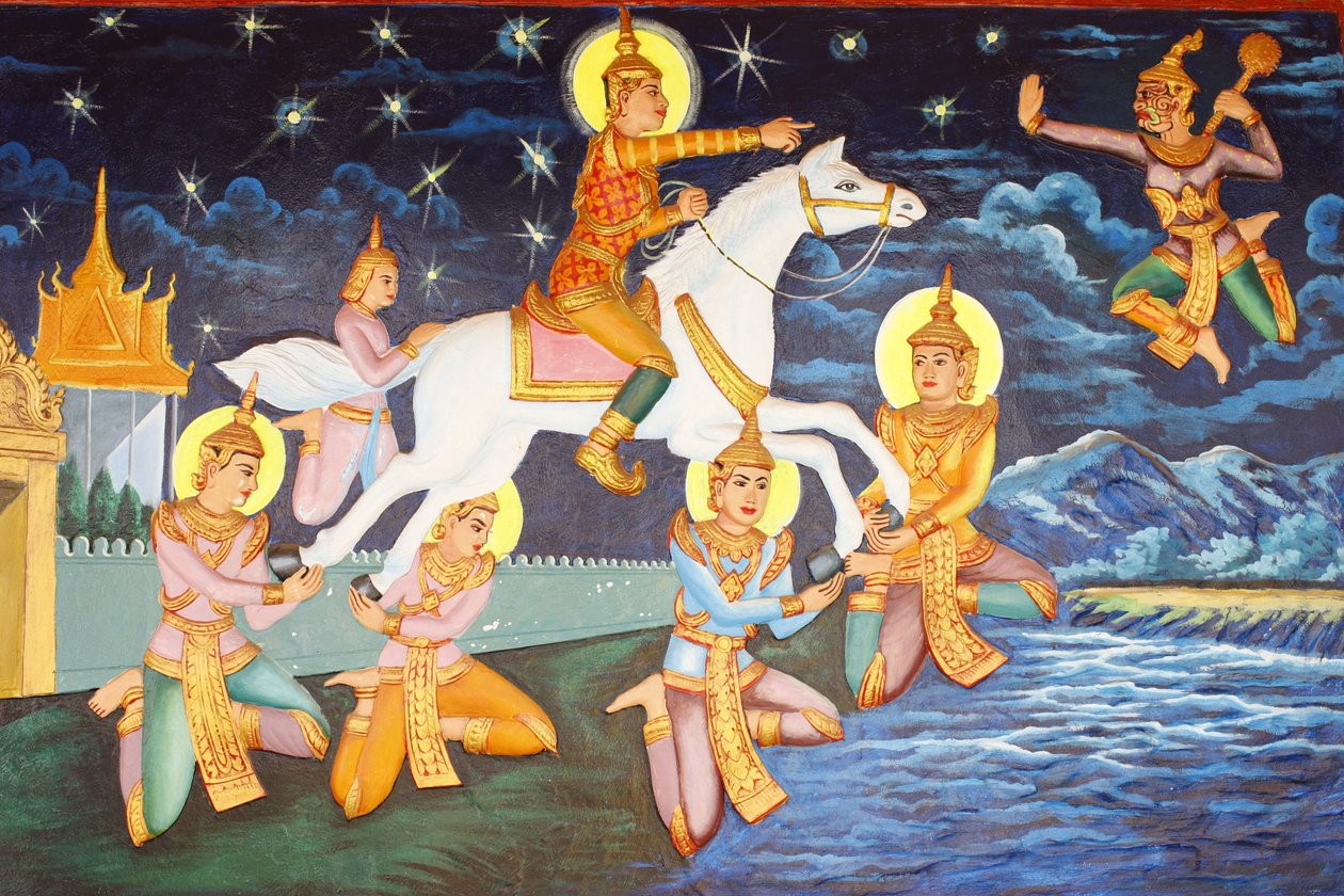 Preah Prom Rath Monastery Siddhartha Gautama 独自在宫殿里游荡曾经让他感到高兴的奢侈品现在看起来怪诞，暹粒，柬埔寨 作者 不明