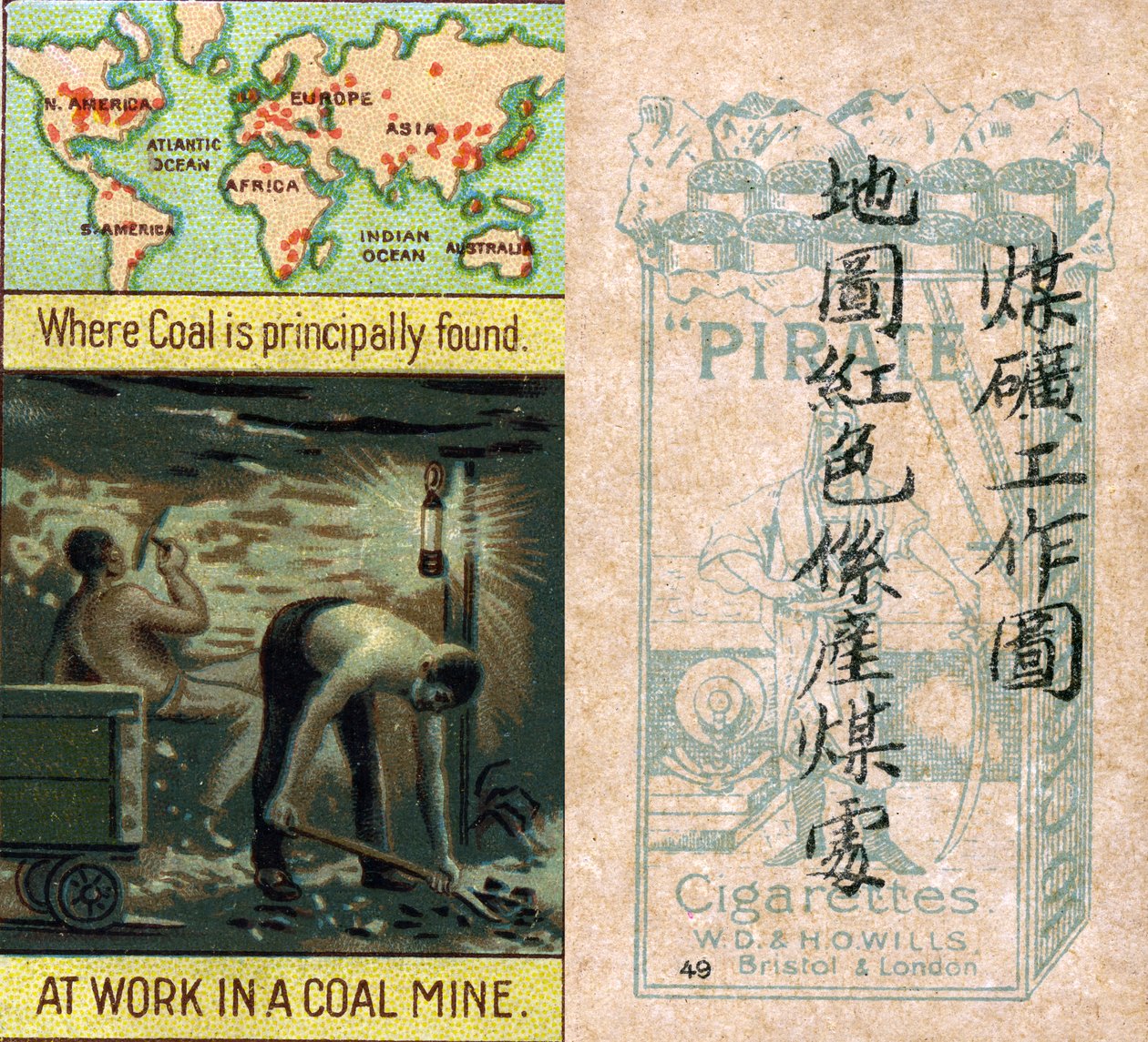 煤炭开采的主要地区，来自威尔斯 "海盗 "香烟为中国市场制作的 "世界产品 "系列烟卡。 作者 不明