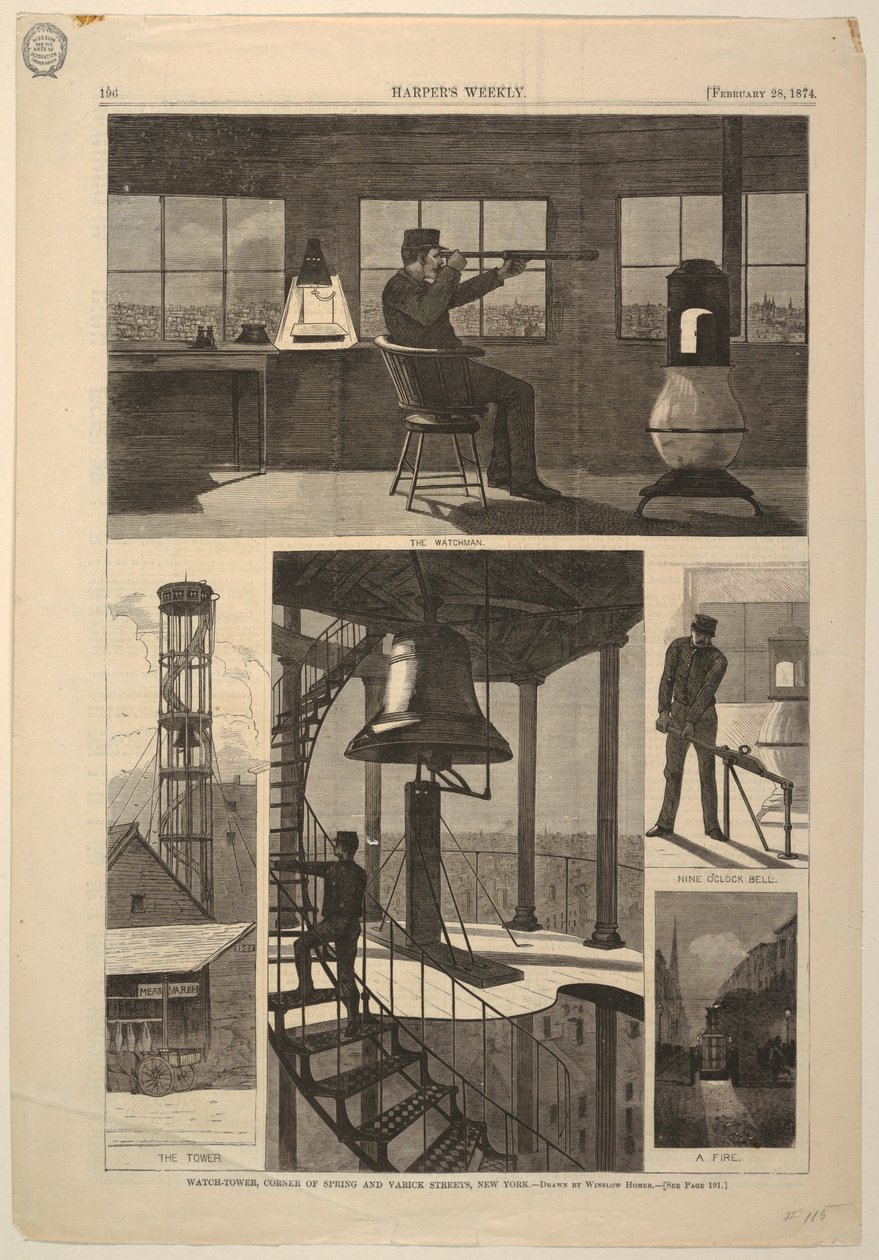 印刷品，Watch望塔，春季街和Varick街一角，纽约，1874年2月28日 作者 不明
