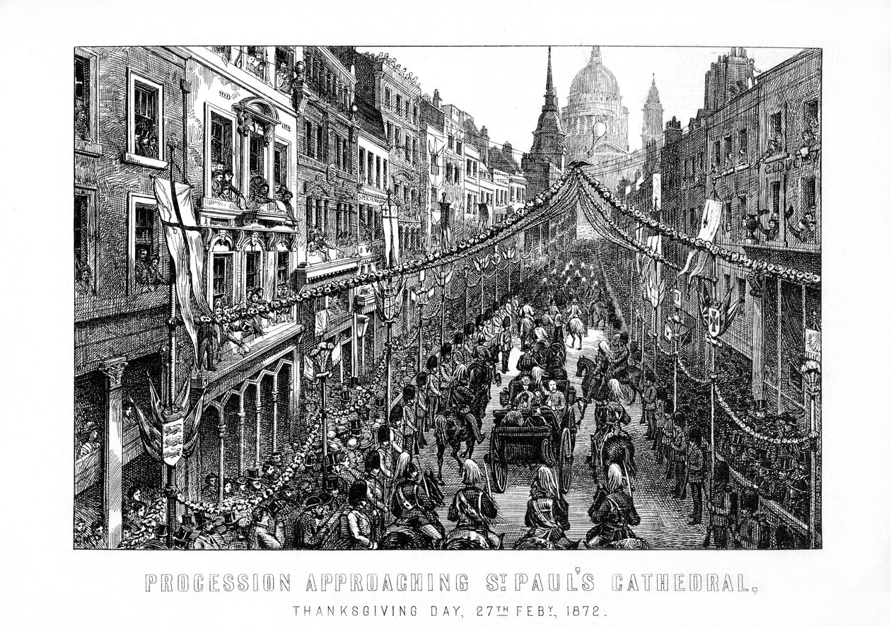 游行接近圣保罗大教堂，感恩节，1872年2月27日，1899年 作者 不明