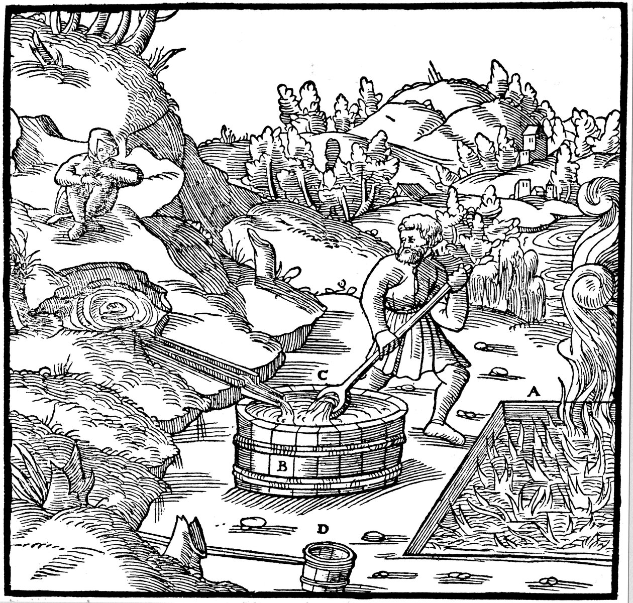 通过将天然盐水倒入燃烧的木炭坑中来生产盐，1556年 作者 不明