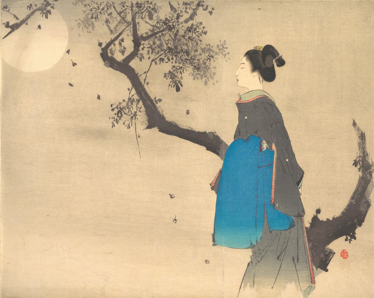 一个在月光下漫步的女人的轮廓图，约1908年。 作者 不明