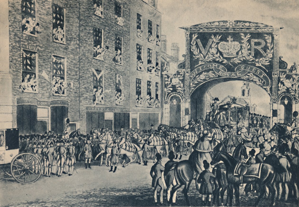 1837年11月9日，维多利亚女王在通往市政厅的路上进入城市。 作者 不明