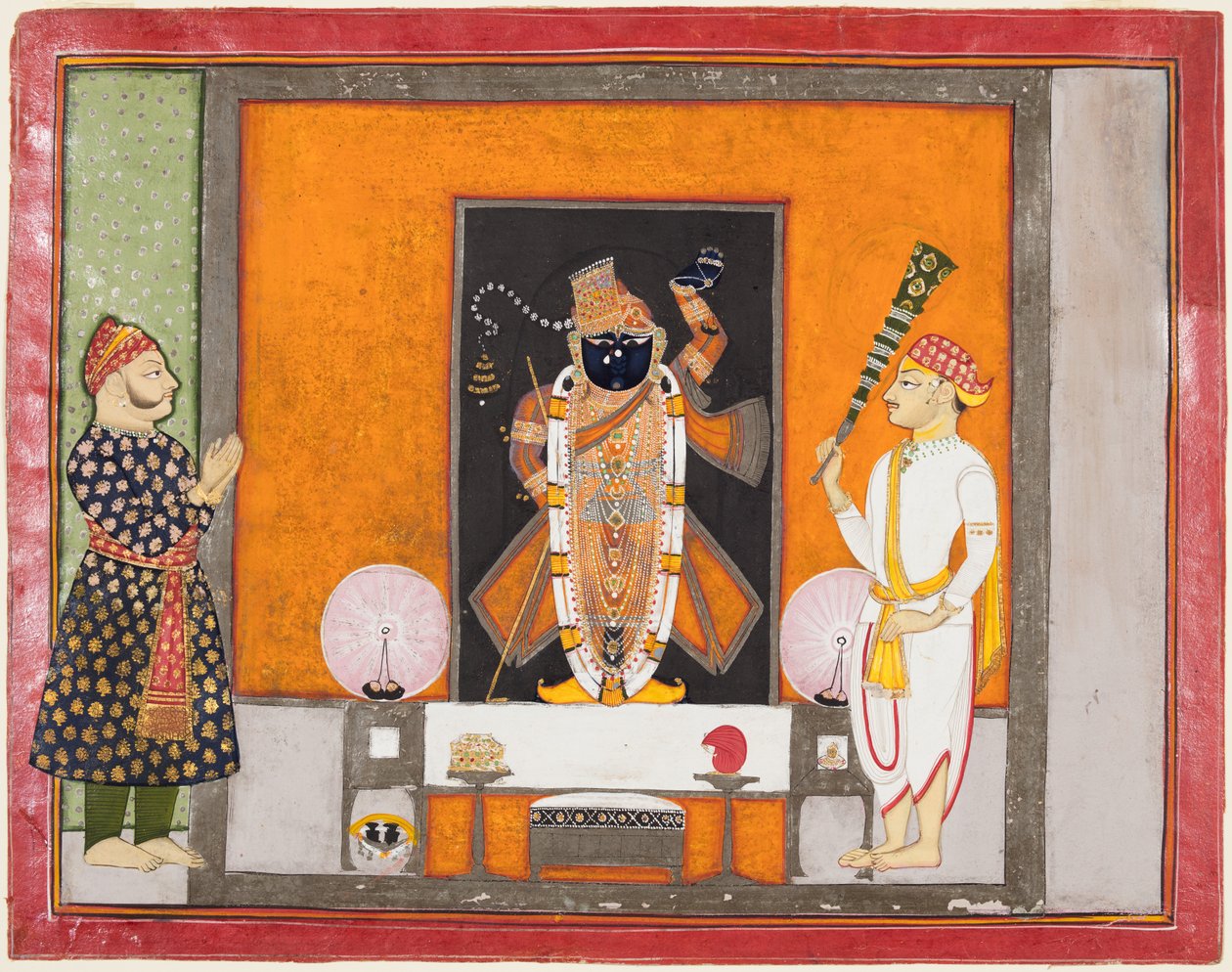 拉贾·拉姆·辛格（Raja Ram Singh）敬拜克里希纳（Krishna）为新郎布里（Brij Nathji），c。 1820年。 作者 不明