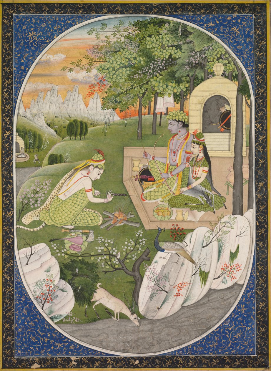 罗摩（Rama），西塔（Sita）和拉克萨玛娜（Lakshmana）在森林中，摘自上帝罗摩衍那故事（Ramayana Tales）。 1830年。 作者 不明