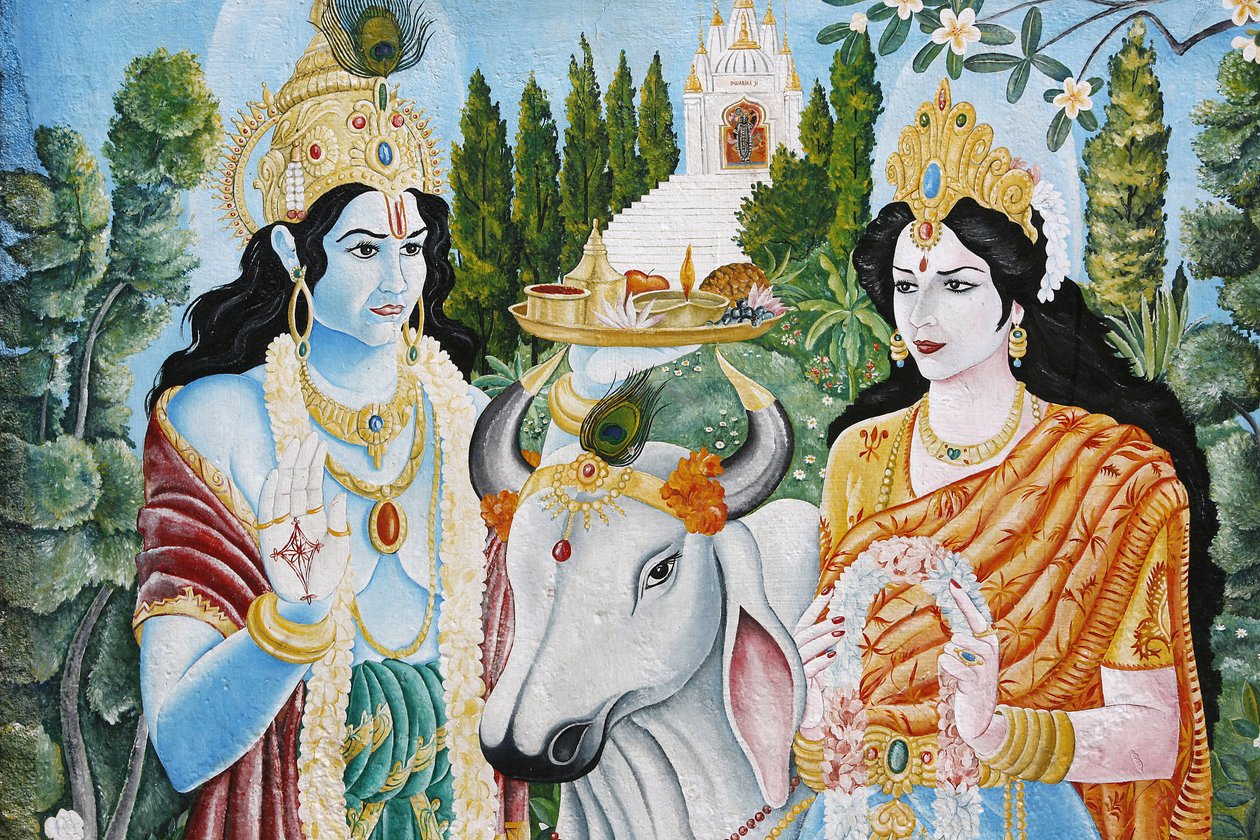 Rama, Sita and sacred cow. Rama is the 7th reincarnation of Vishnu. Pashupatinah, Kathmandu, Nepal 作者 不明