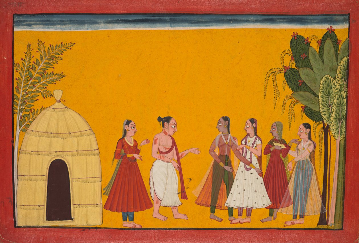 罗摩（Rama）和西塔（Sita）被带到牧师确定婚礼日期，罗摩衍那（Rayamaya）页，c1700-17 作者 不明