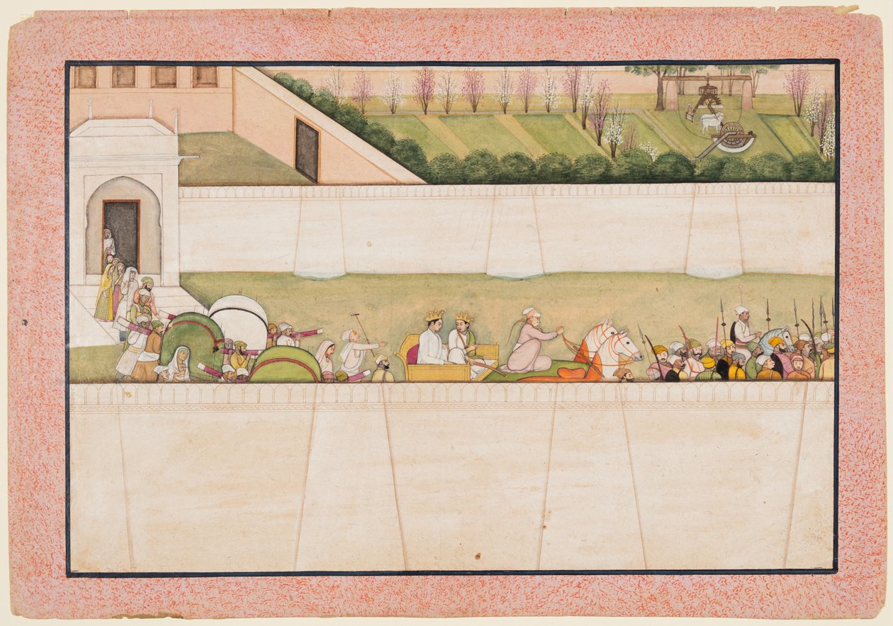 拉玛斯兄弟巴拉塔（Rharas Brothers Bharata）和沙特鲁纳（Shatrughna）从阿约提亚（Ayodhya）出发，找到拉玛（Rama）和拉克斯玛娜（Lakshmana），1775-80年。 作者 不明