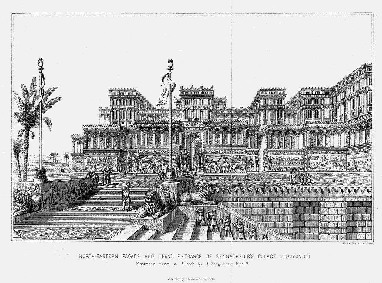 重建塞纳切里布斯宫Kouyunjik的东北立面，亚述，1853年 作者 不明