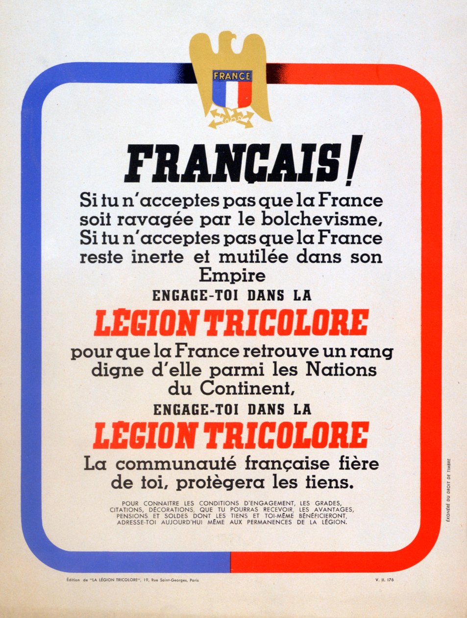 1942年，维希·法国·莱昂·三色（Vichy FrenchLégionTricolore）的招聘海报 作者 不明
