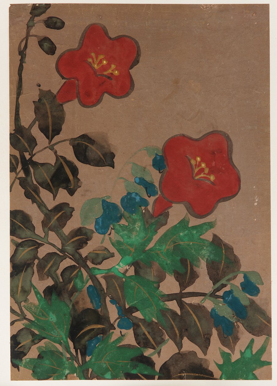 红色和蓝色的花和叶子，江户时期，1615-1868。 作者 不明