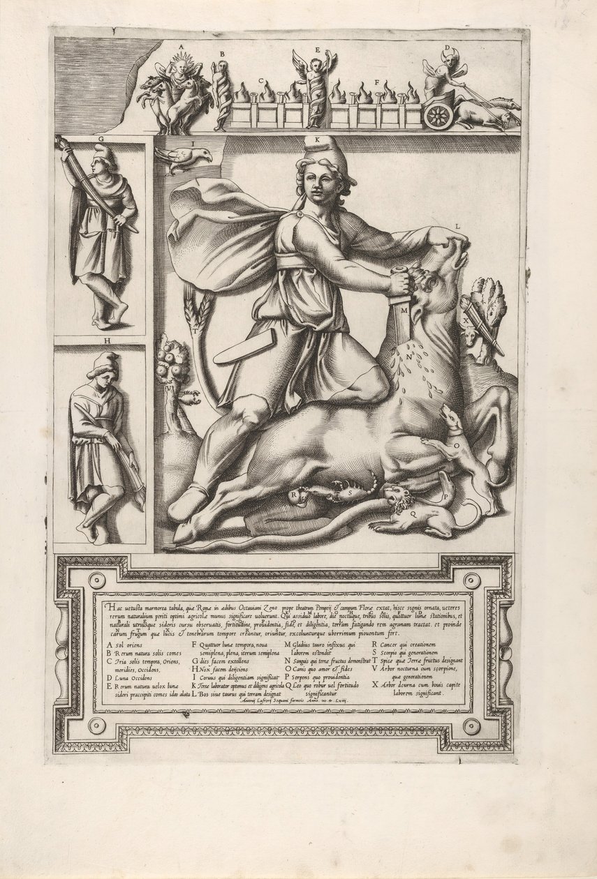 1564年，密特拉（Mithras）跪在公牛上，用一把剑刺入肩膀，得到了解脱。 作者 不明