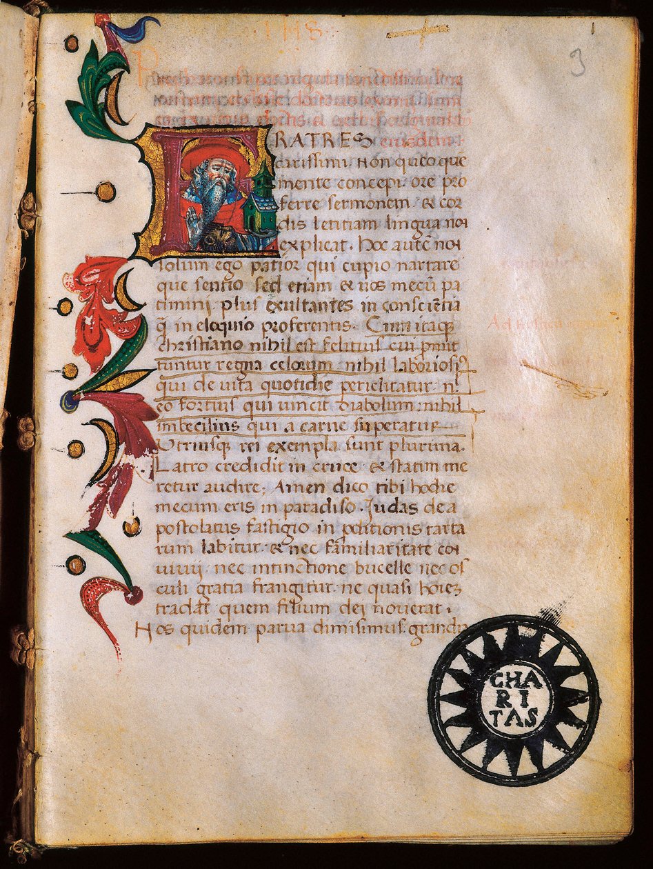 圣杰罗姆（347-420）的形象，取自 "Opuscola theologica "的彩绘页。 作者 不明