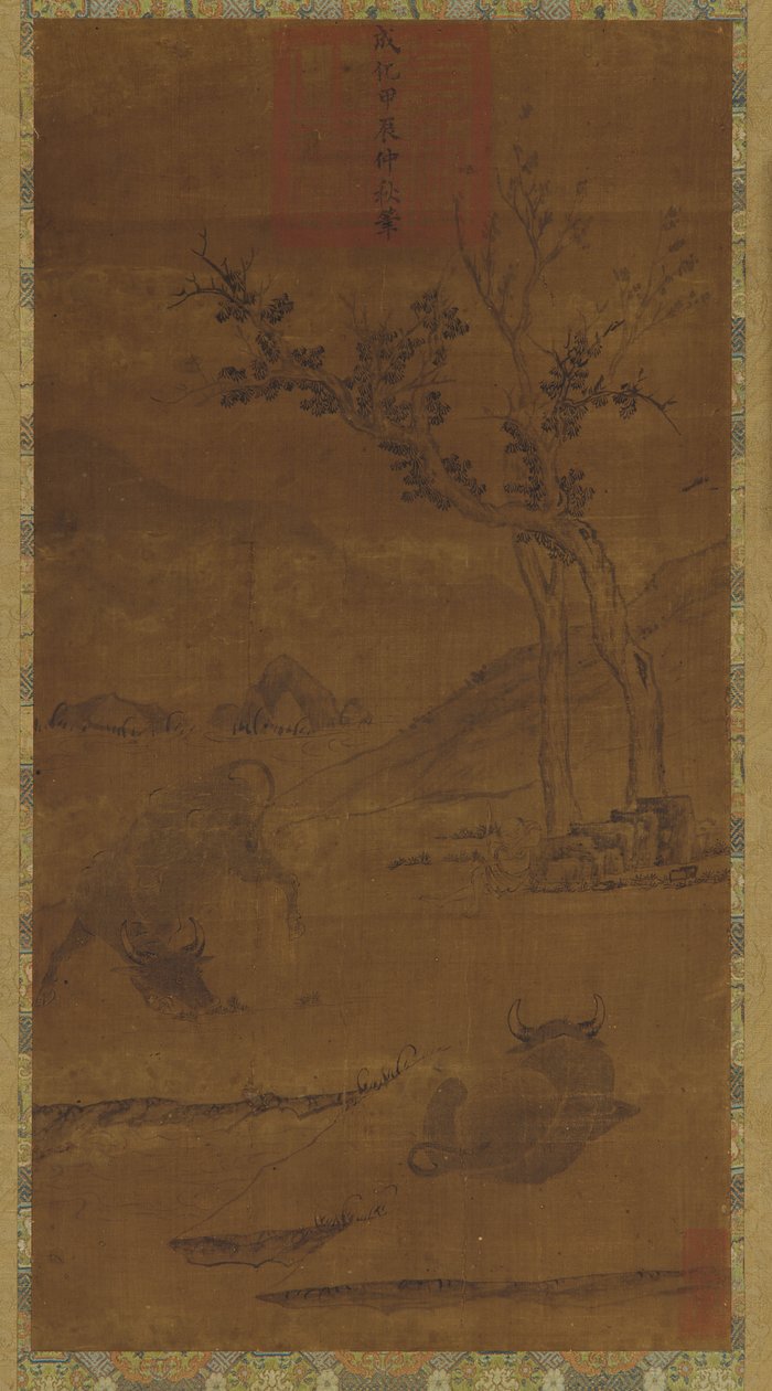 河流景观：两头水牛和一个打盹的牧童，1368-1644。 作者 不明