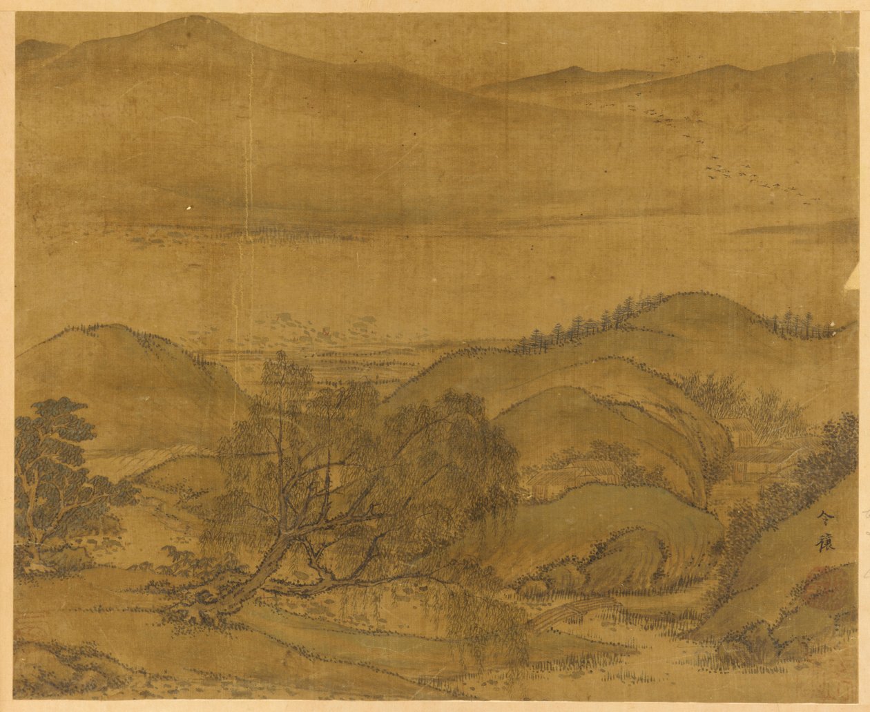 河流景观：一棵柳树和其他树木，起伏的山丘......，元或明朝，1279-1644。 作者 不明