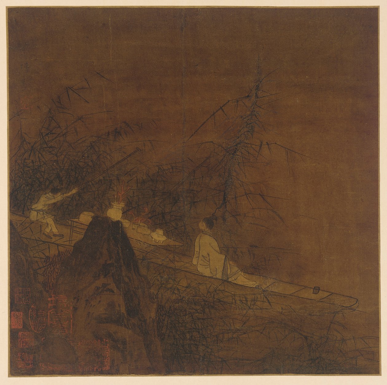 河流场景：野竹中的小船，明代，1368-1644。 作者 不明